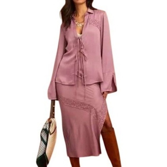 Free People Lucia Dusty Pink Lace Trimmed Satin Button Up Shirt & Maxi Skirt Set